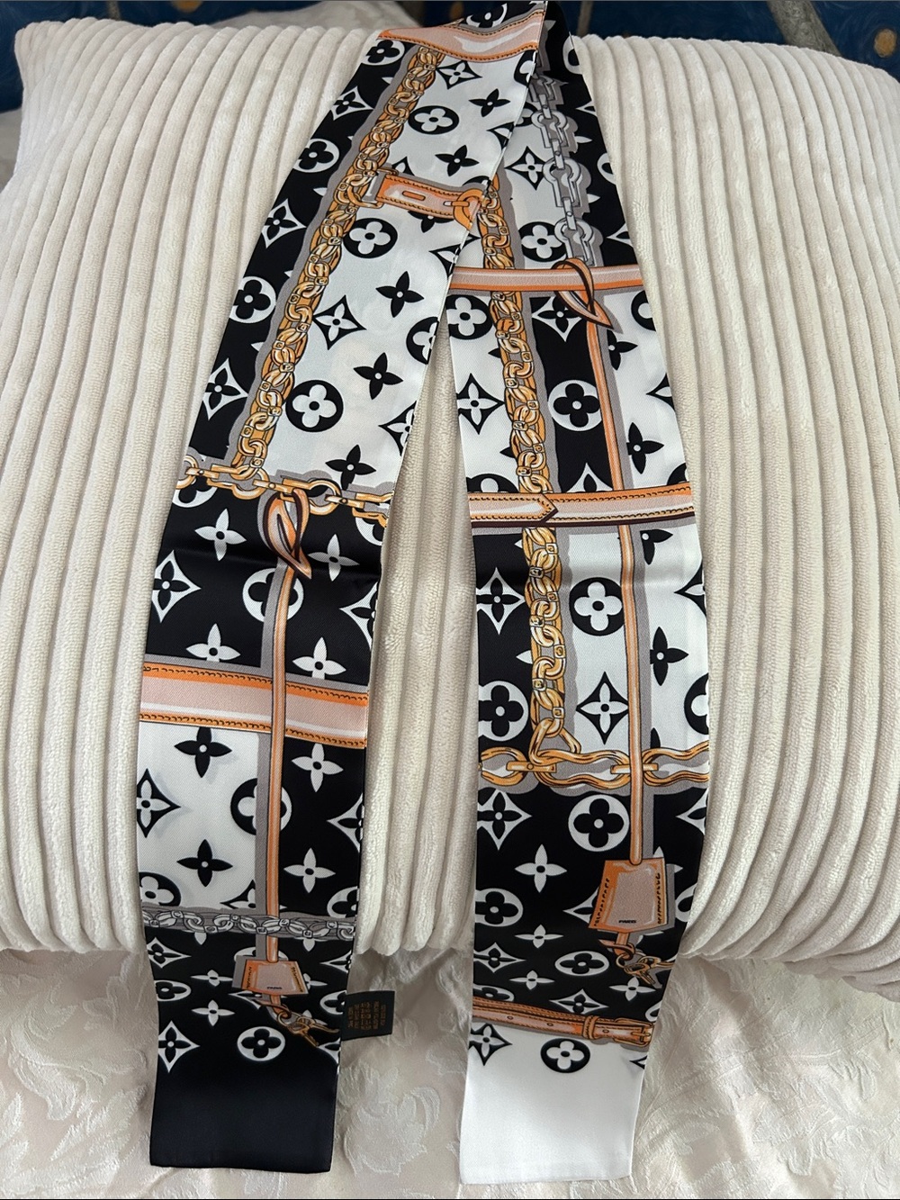 Silk Feeling Double Sided Scarf/Twilly. Neutral Color Palette of Black & White..